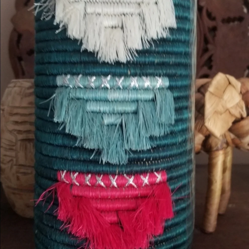 Handmade RWANDA VASE w glass insert fringe  boho tribal teal pink